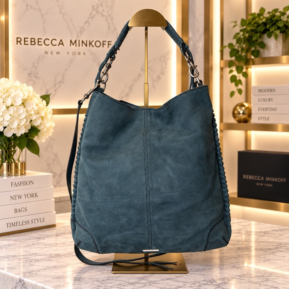 Rebecca Minkoff Moto Hobo Bag Blue Suede Studded Leather Shoulder Bag